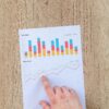 A hand points to a printed financial report showing colorful bar and line graphs representing company performance metrics like sales, receipts, and orders—symbolizing the measurable ROI of life coaching and personal growth.