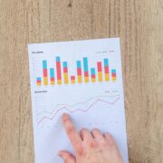 A hand points to a printed financial report showing colorful bar and line graphs representing company performance metrics like sales, receipts, and orders—symbolizing the measurable ROI of life coaching and personal growth.